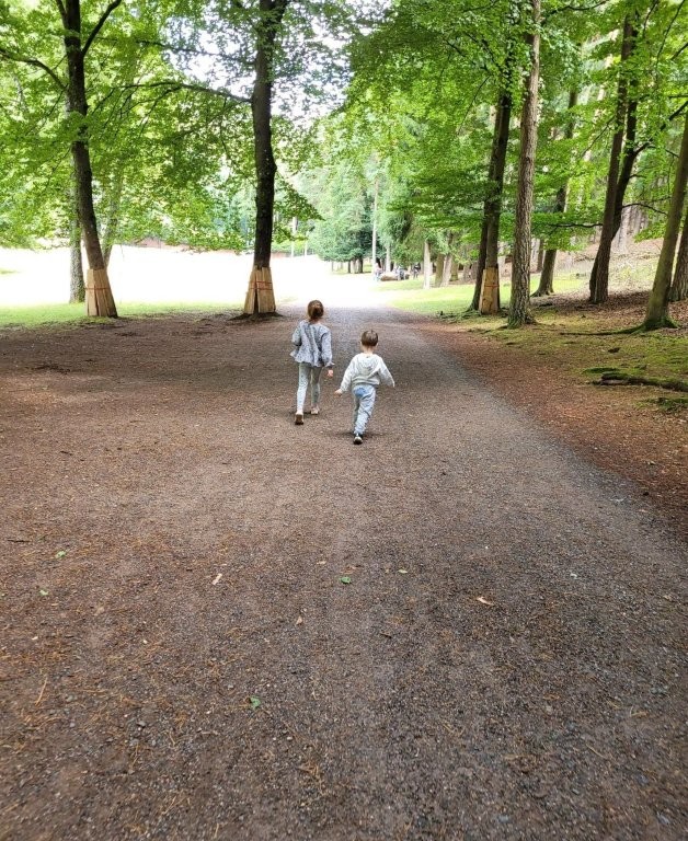Manchmal reicht ein Waldweg, um dich wiederzufinden Zwei Kinder gehen Hand in Hand einen breiten Waldweg entlang, umgeben von hohen grünen Bäumen – ein Sinnbild für Natur, Bewegung und gemeinsames Wachsen.